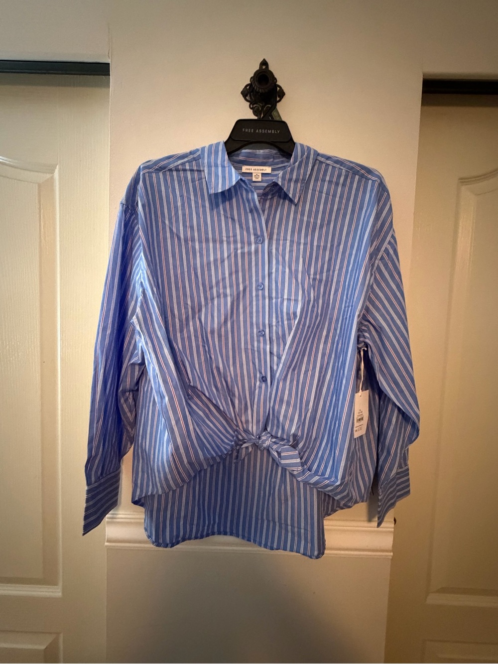 NWT Striped Button-Down Tie-Front Shirt in Light Blue - Free Assembly